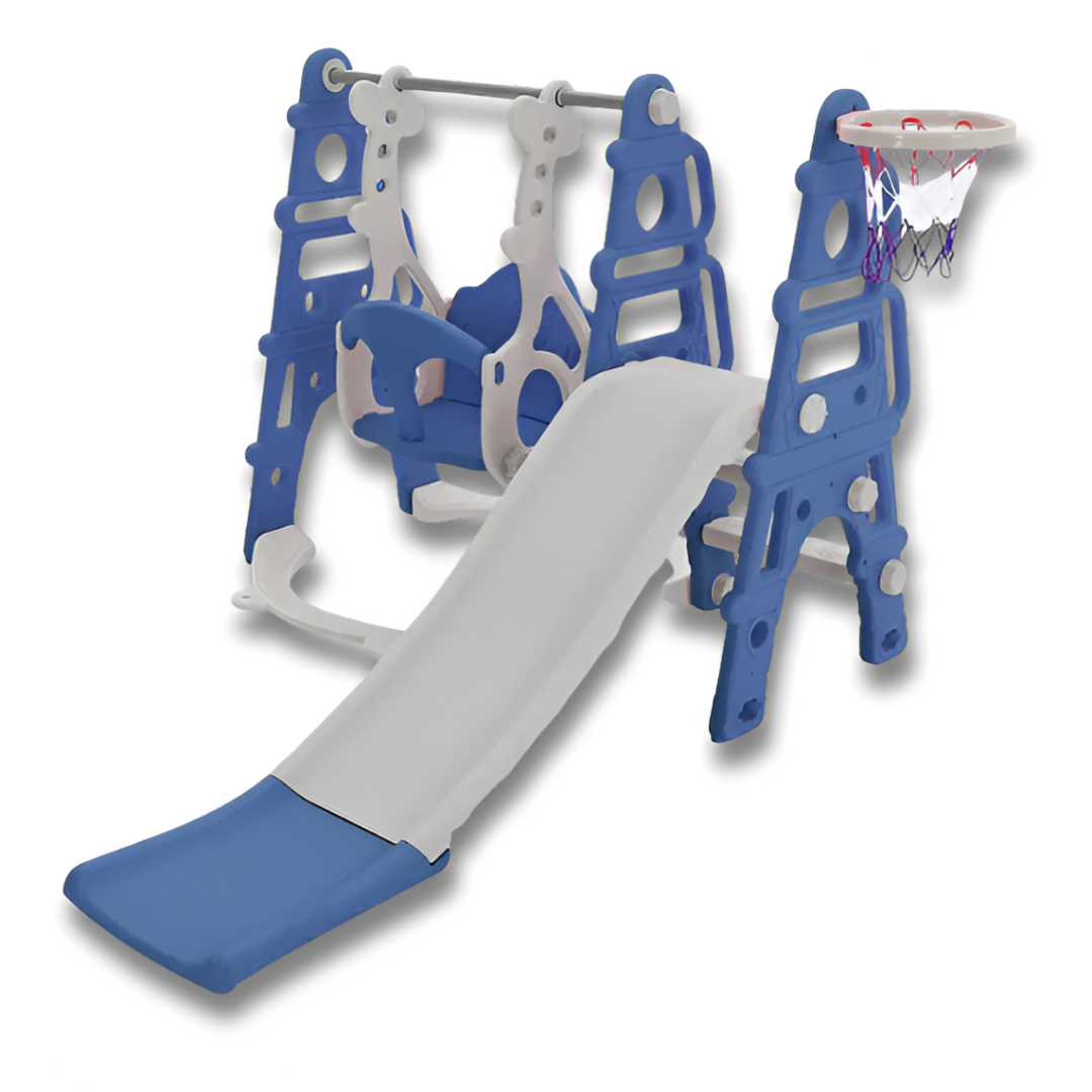 Breeins 4-in-1 Toddler Swing & Slide Set — Climbing Frame, Large Slide & Basketball Hoop (Indoor / Outdoor) Blue