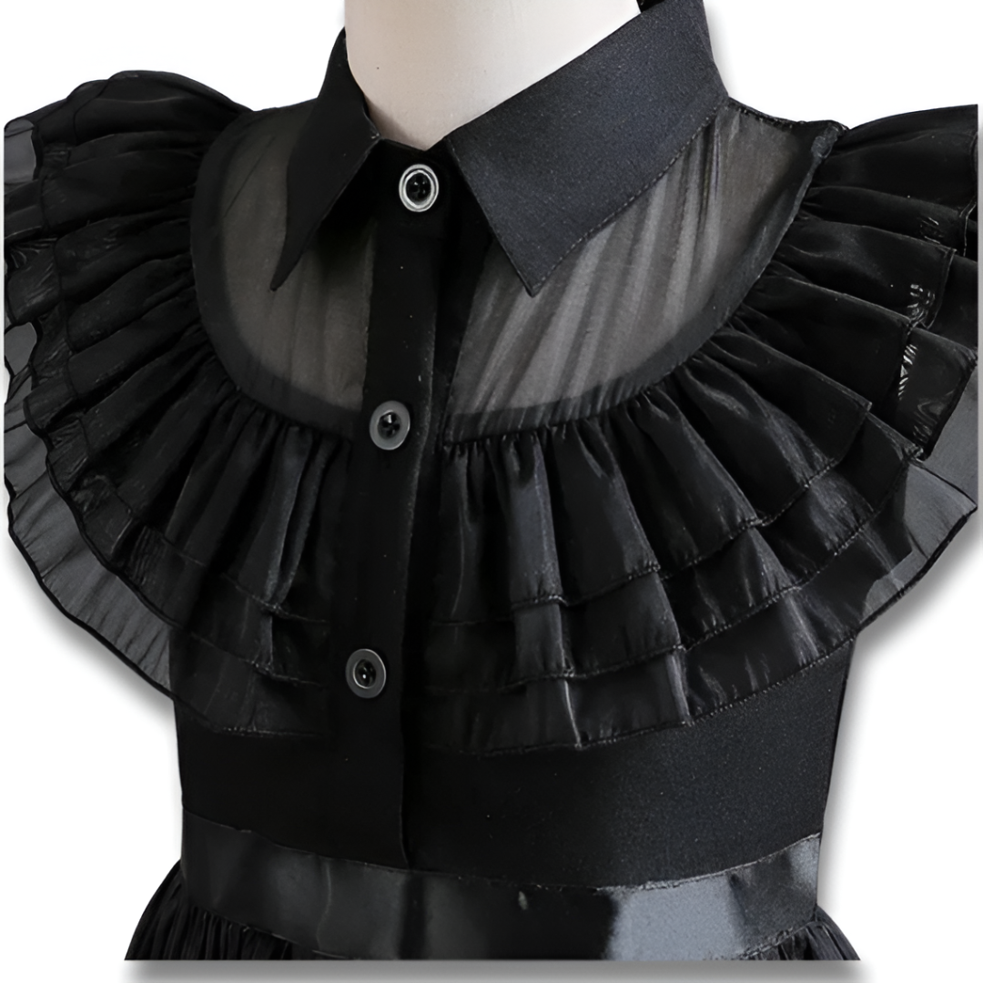 Official Wednesday Addams Girls Costume — Black Puff-Sleeve Cosplay Dress