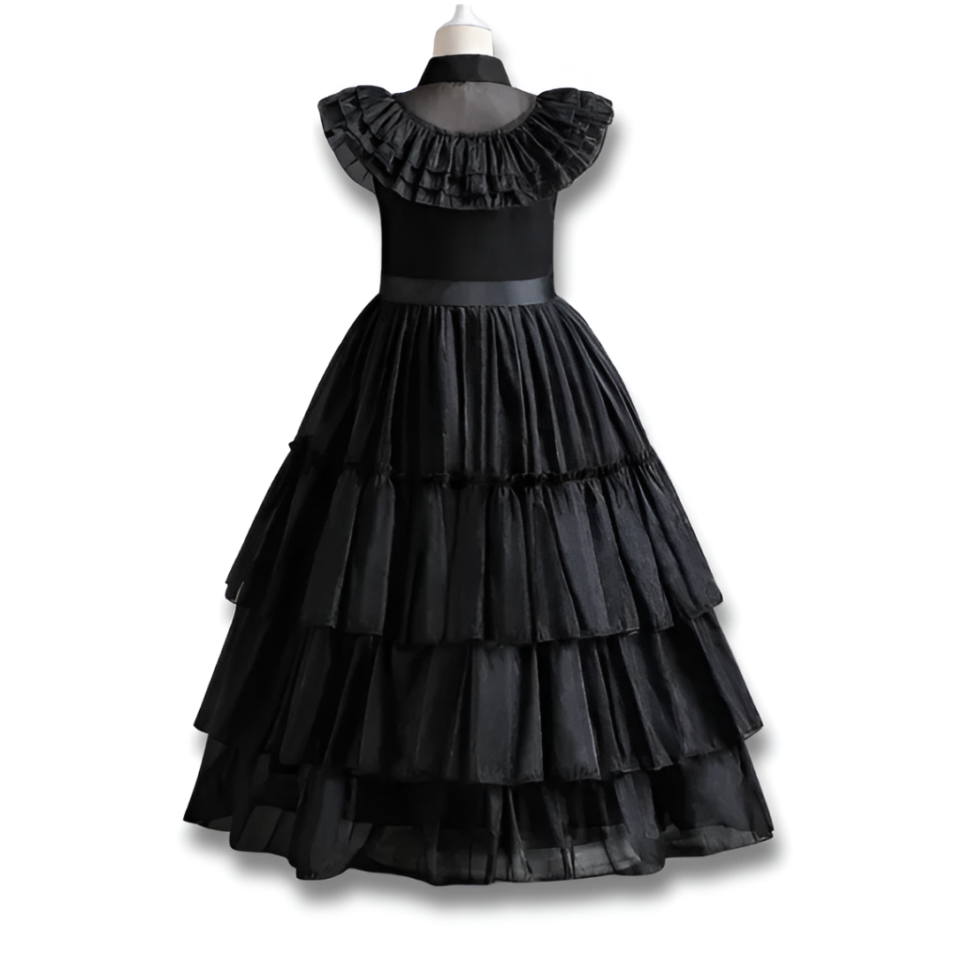 Official Wednesday Addams Girls Costume — Black Puff-Sleeve Cosplay Dress