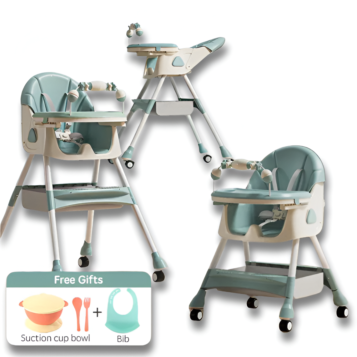 PANGDUBE Baby High Chair — Reclining Toddler Feeding Chair with 4 Wheels, Bib, Bowl & Spoon
