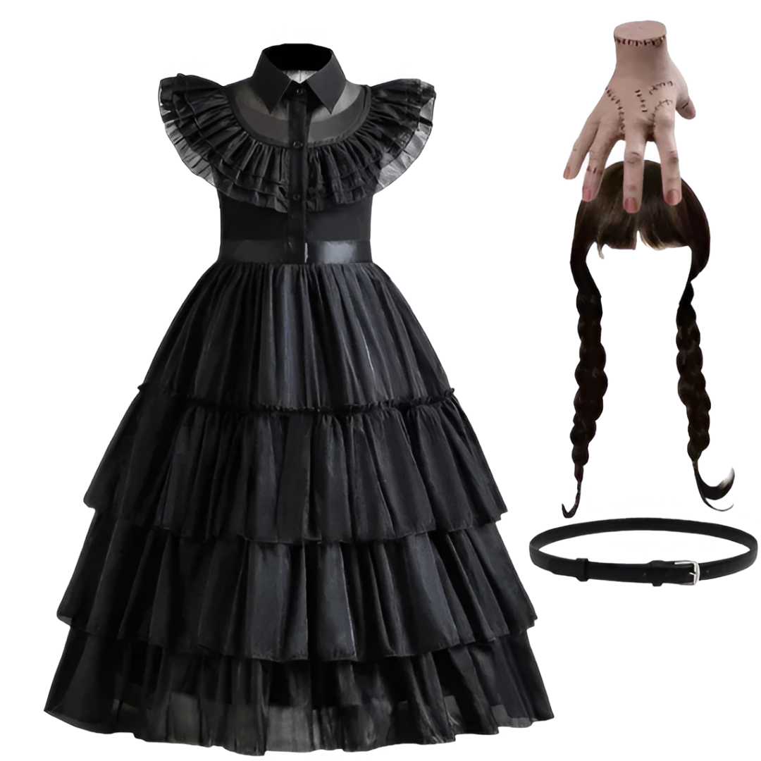 Official Wednesday Addams Girls Costume — Black Puff-Sleeve Cosplay Dress