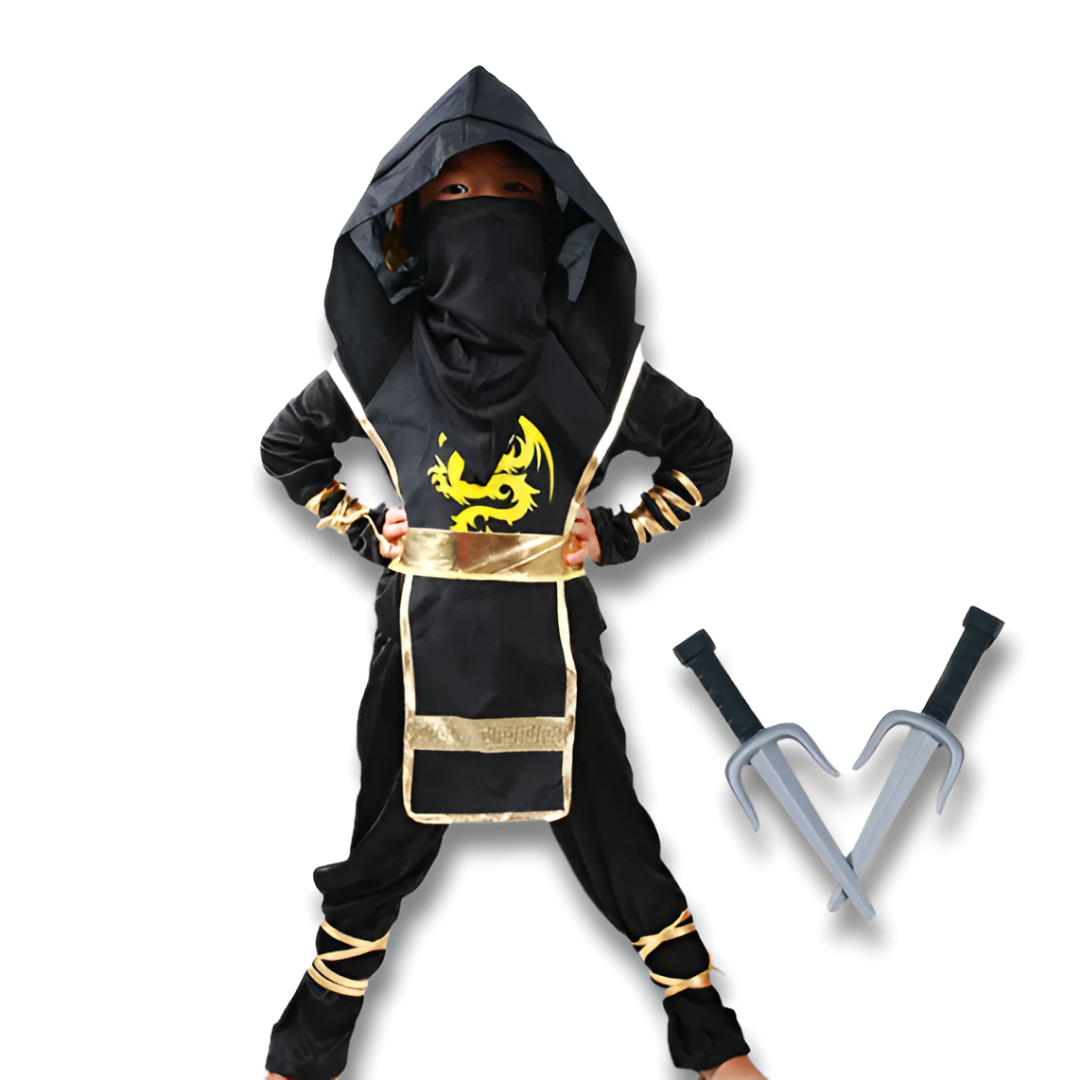 Boys Ninja Deluxe Costume — Kids Kung Fu Outfit with Weapon Accessories (Foam Swords & Daggers)