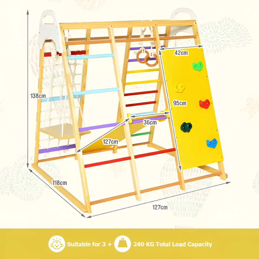 DORTALA 8-in-1 Kids Jungle Gym Playset — Wooden Montessori Climber with Slide, Swing & Monkey Bars