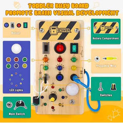Montessori Busy Board - Wooden Sensory Toy with LED Light Switch for Toddlers | Travel Activity Game for Kids Ages 2 to 4