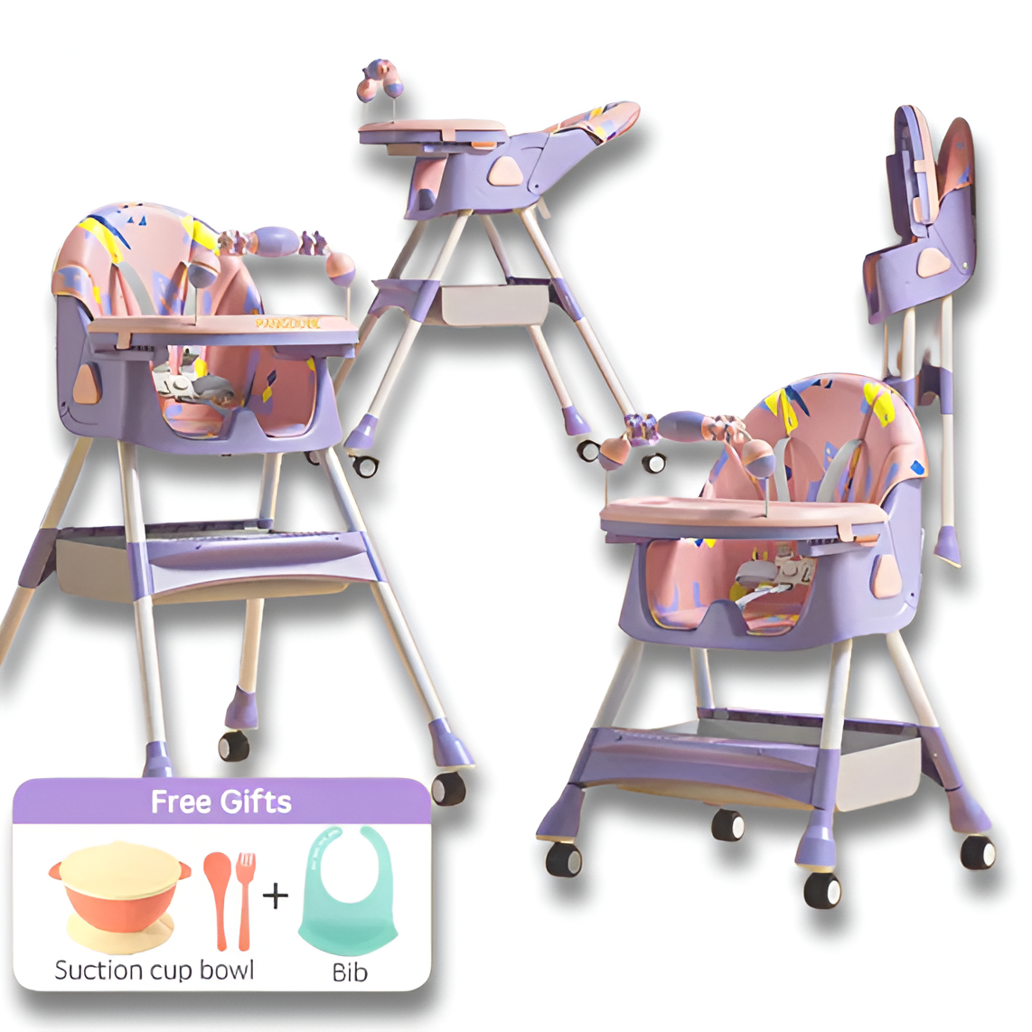 PANGDUBE Baby High Chair — Reclining Toddler Feeding Chair with 4 Wheels, Bib, Bowl & Spoon Pink