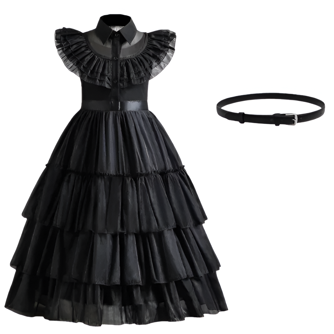 Official Wednesday Addams Girls Costume — Black Puff-Sleeve Cosplay Dress