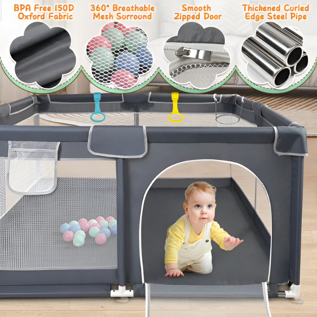 Baby Playpen 128×128×68 cm — Breathable Mesh Play Yard with Anti-Collision Foam