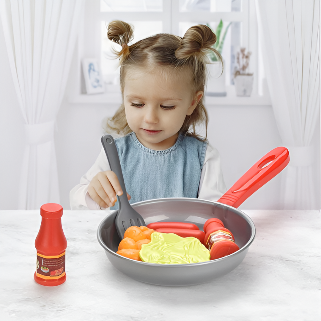 8PCS Kitchen Food Toys — Pretend Play Cookware Set (Pot, Pan, Steak, Veg, Bread, Hot Dog, Omelette)