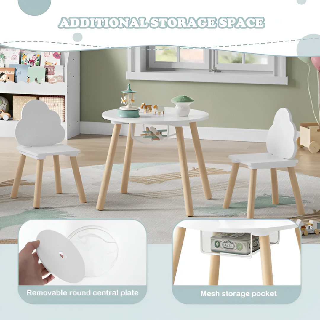 WOLTU Children’s Table & 2 Chairs — Cloud Backrest, Solid Wood Legs (Toddlers & Preschoolers)