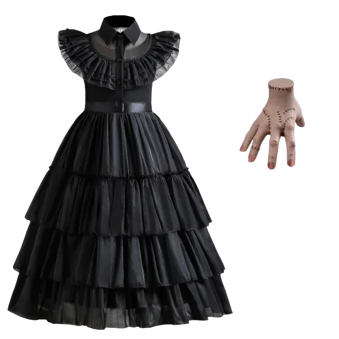 Official Wednesday Addams Girls Costume — Black Puff-Sleeve Cosplay Dress
