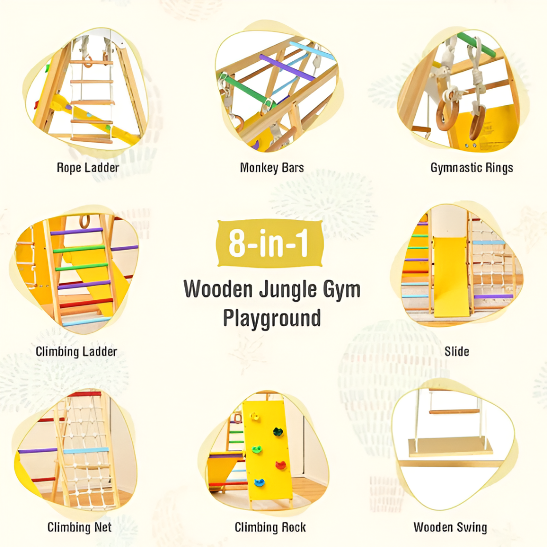 DORTALA 8-in-1 Kids Jungle Gym Playset — Wooden Montessori Climber with Slide, Swing & Monkey Bars