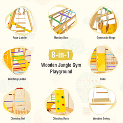 DORTALA 8-in-1 Kids Jungle Gym Playset — Wooden Montessori Climber with Slide, Swing & Monkey Bars