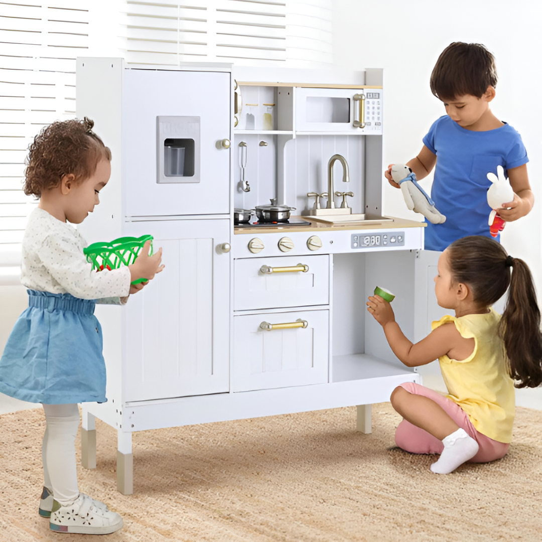 Children’s Wooden Play Kitchen with Lights & Sounds — Doll Kitchen with Accessories