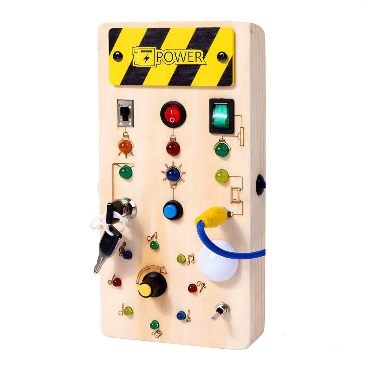 Montessori Busy Board for Toddlers – Wooden Sensory Toy with LED Light Switch | Travel Activity Game for Kids Ages 2–4