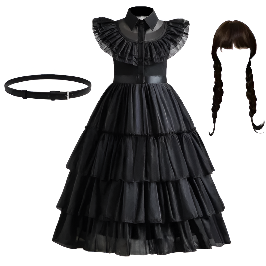 Official Wednesday Addams Girls Costume — Black Puff-Sleeve Cosplay Dress