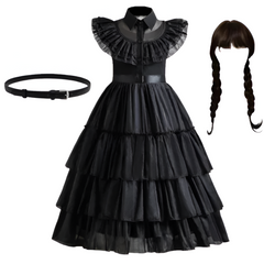 Official Wednesday Addams Girls Costume — Black Puff-Sleeve Cosplay Dress
