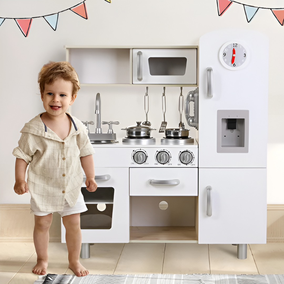 Children’s Wooden Play Kitchen with Lights & Sounds — Doll Kitchen with Accessories