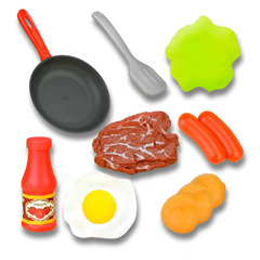 8PCS Kitchen Food Toys — Pretend Play Cookware Set (Pot, Pan, Steak, Veg, Bread, Hot Dog, Omelette)