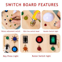 Montessori Busy Board for Toddlers – Wooden Sensory Toy with LED Light Switch | Travel Activity Game for Kids Ages 2–4