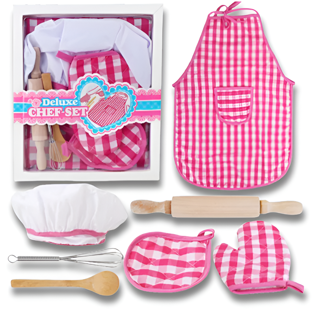 Kids Chef Apron & Play Kitchen Set — Mushroom Chef Hat, Mitt & Cooking Utensils (Role Play Costume Gift)