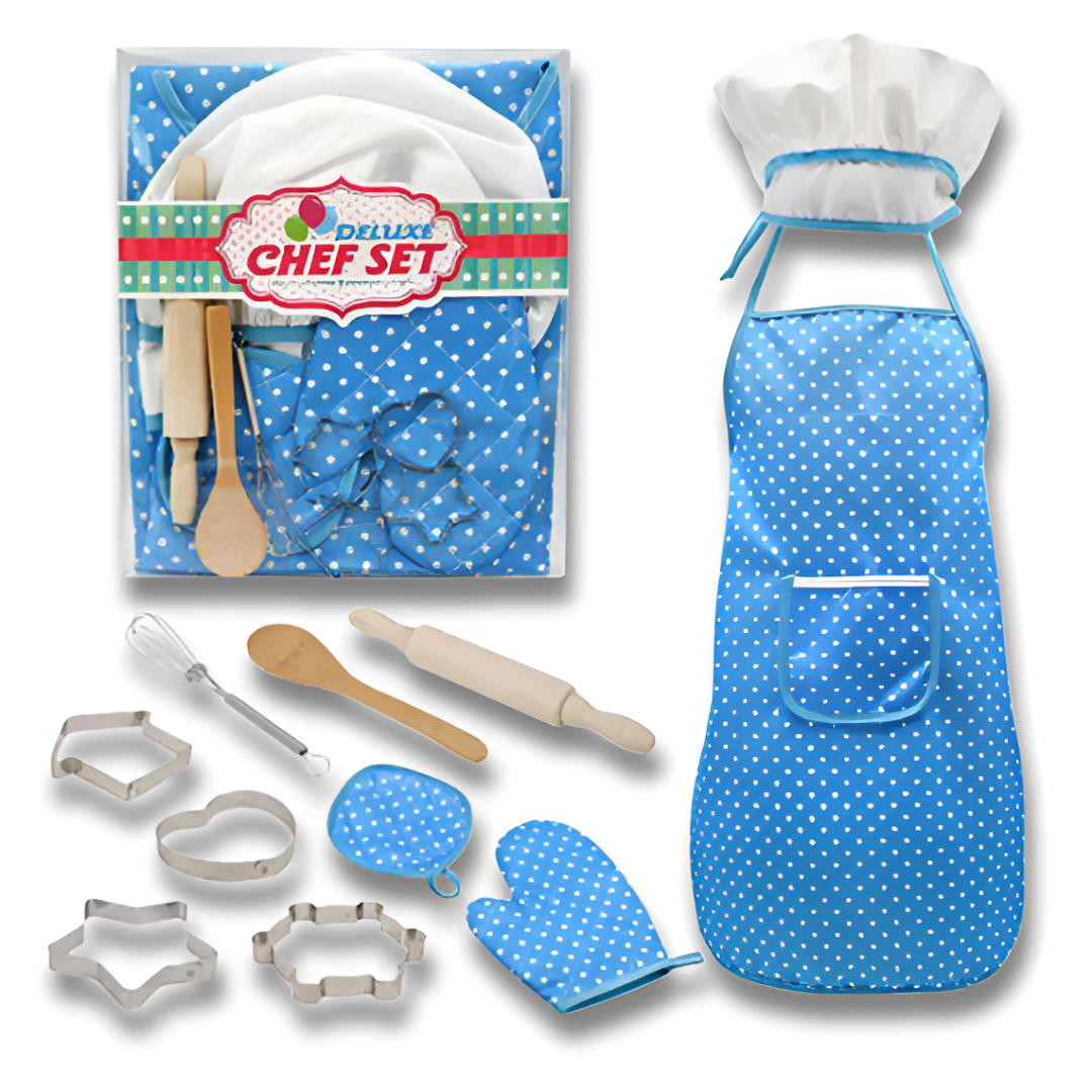 Kids Chef Apron & Play Kitchen Set — Mushroom Chef Hat, Mitt & Cooking Utensils (Role Play Costume Gift)