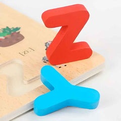 Close-up view of alphabet & number puzzle with some letters removed — showing natural wood base and vibrant wooden pieces.