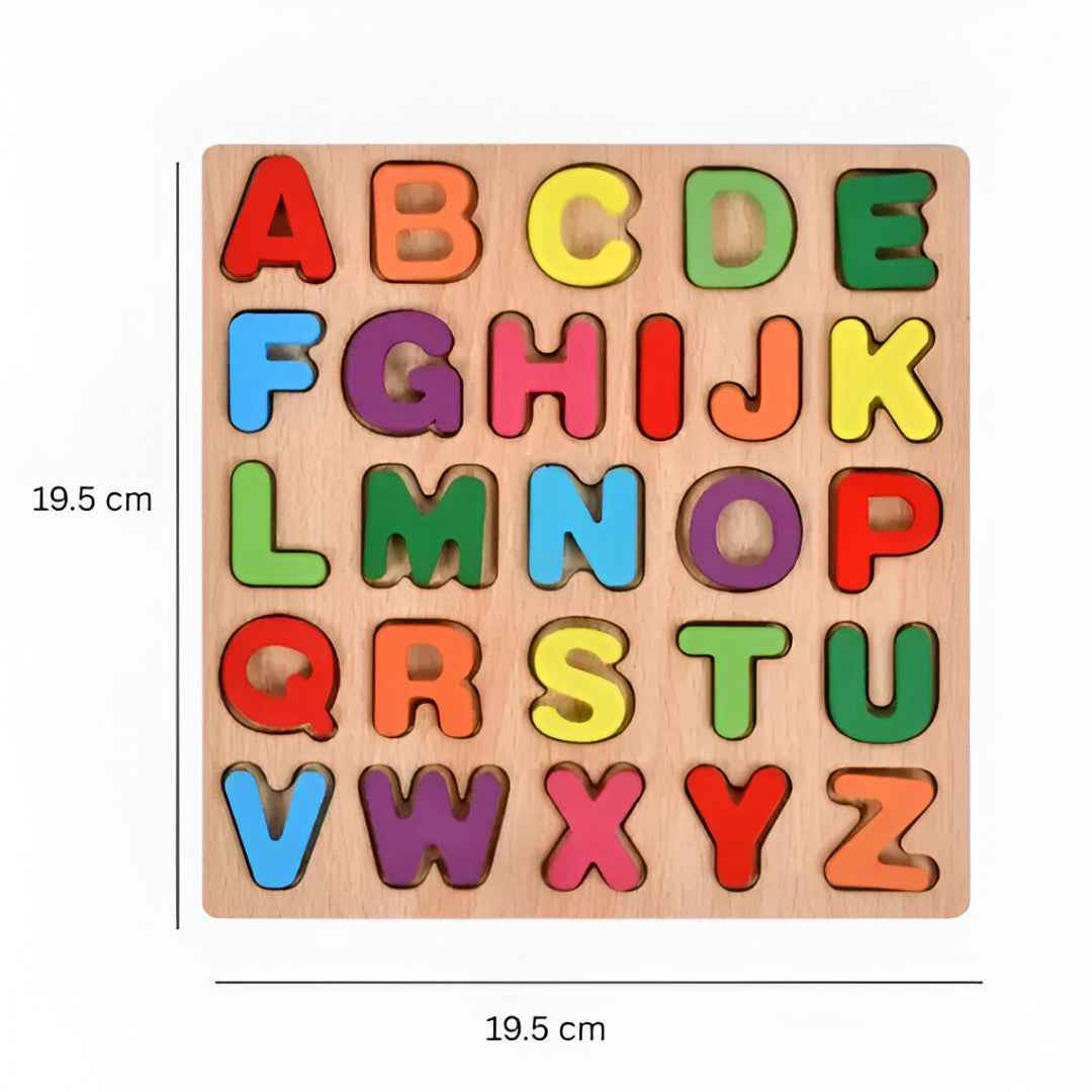 Wooden alphabet & number puzzle board approx 19.5 cm x 19.5 cm — ideal size for toddler hands.