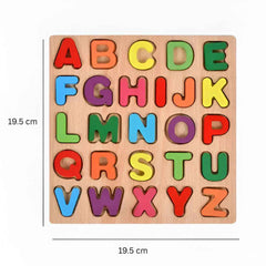 Wooden alphabet & number puzzle board approx 19.5 cm x 19.5 cm — ideal size for toddler hands.