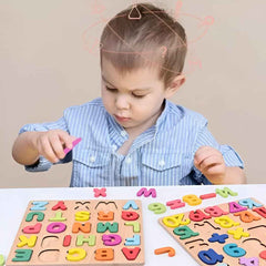 Stack of individual wooden letters from puzzle — vibrant colors, durable wood, perfect for counting and spelling.