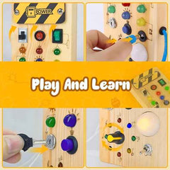 Montessori Busy Board - Wooden Sensory Toy with LED Light Switch for Toddlers | Travel Activity Game for Kids Ages 2 to 4