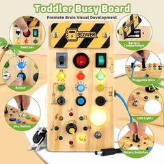 Montessori Busy Board for Toddlers – Wooden Sensory Toy with LED Light Switch | Travel Activity Game for Kids Ages 2–4