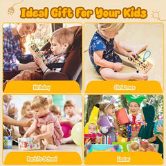 Montessori Busy Board - Wooden Sensory Toy with LED Light Switch for Toddlers | Travel Activity Game for Kids Ages 2 to 4