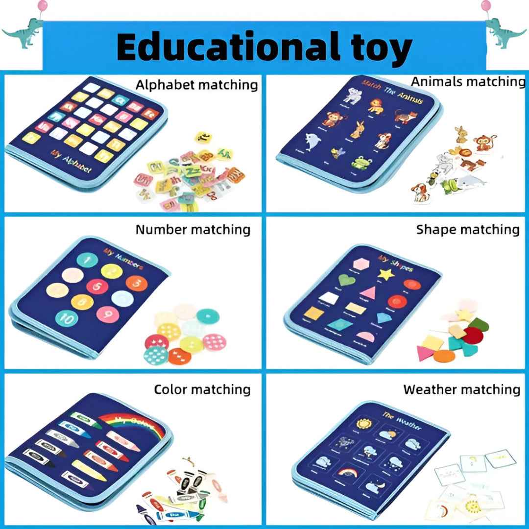 Educational activity board pages: alphabet matching, number circles, shapes and color crayons — Montessori quiet book activities.