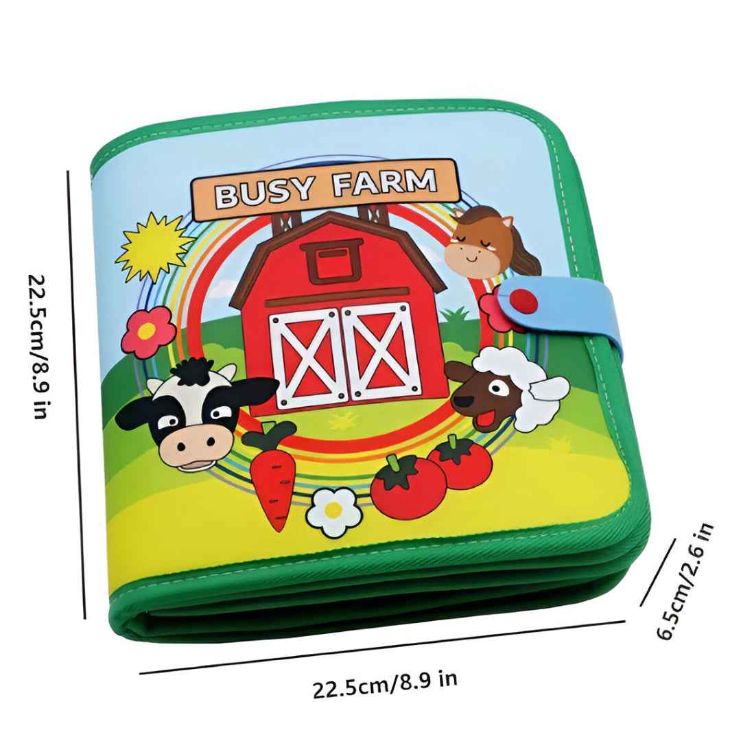 Product dimensions 22.5 x 22.5 x 6.5 cm shown on the folded Busy Farm book.