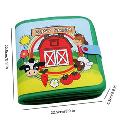 Product dimensions 22.5 x 22.5 x 6.5 cm shown on the folded Busy Farm book.
