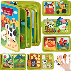 Product collage: open pages, finger puppets, velcro vegetables and puzzle activities in the Busy Book.
