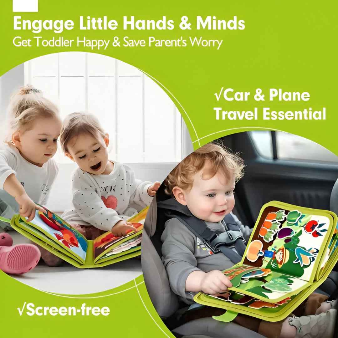Toddler using the Busy Book in a car seat — screen-free travel & quiet play on the go.
