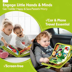 Toddler using the Busy Book in a car seat — screen-free travel & quiet play on the go.