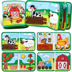 Open Busy Farm pages with interactive pieces: cow, sheep, tractor and velcro fruits for hands-on play