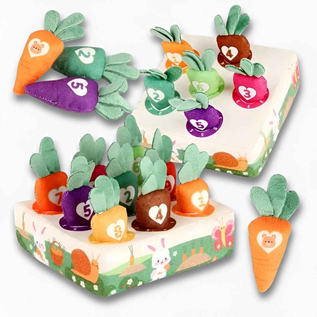 Colorful plush numbered carrots and pop-up board — available as 6-hole and 9-hole counting game variants
