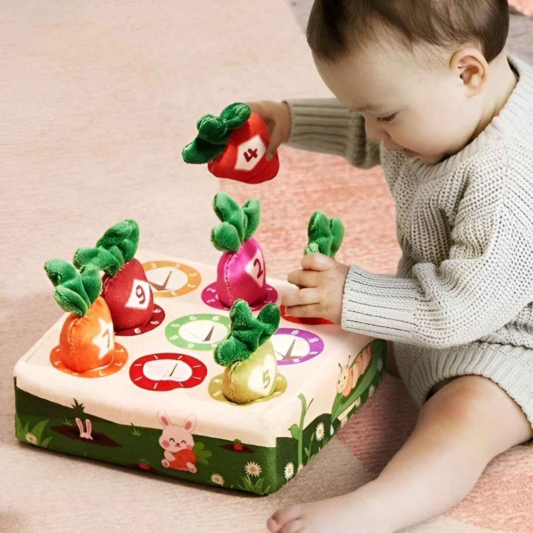 Baby and parent using Carrot Harvest Montessori counting toy — safe soft pieces for sensory play and counting