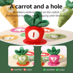 Product dimensions for Carrot Harvest counting toy — board 15.5 × 15.5 × 4 cm; compact Montessori counting set