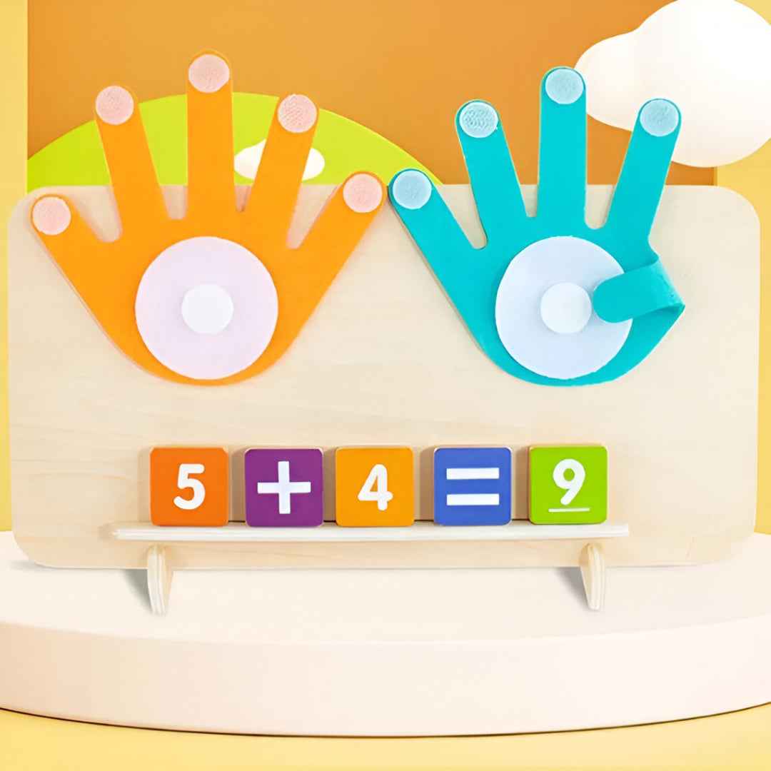 Demonstration of arithmetic with Montessori counting blocks – showing 5 + 4 = 9 using number blocks and finger shapes