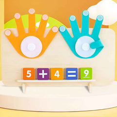 Demonstration of arithmetic with Montessori counting blocks – showing 5 + 4 = 9 using number blocks and finger shapes