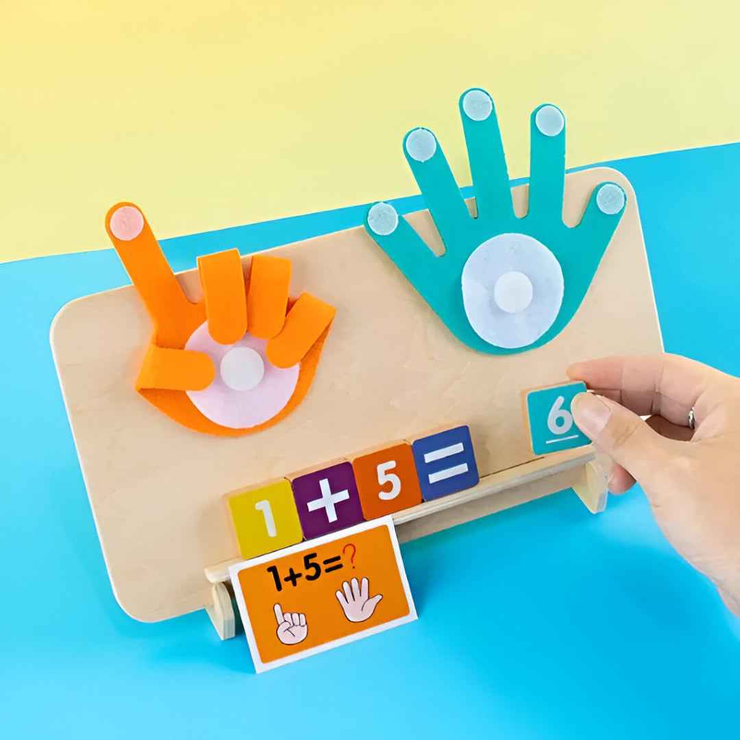Hand-shape finger counting display showing five and one using Montessori toy number blocks