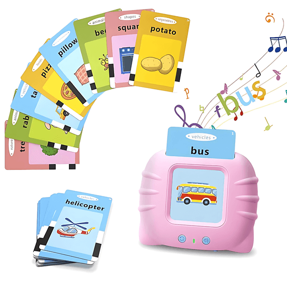 Assortment of flashcards including letters, animals, foods, shapes with talking flashcard reader