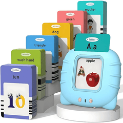 Talking flashcard reader with “mother” persons category card and persons-animals category cards
