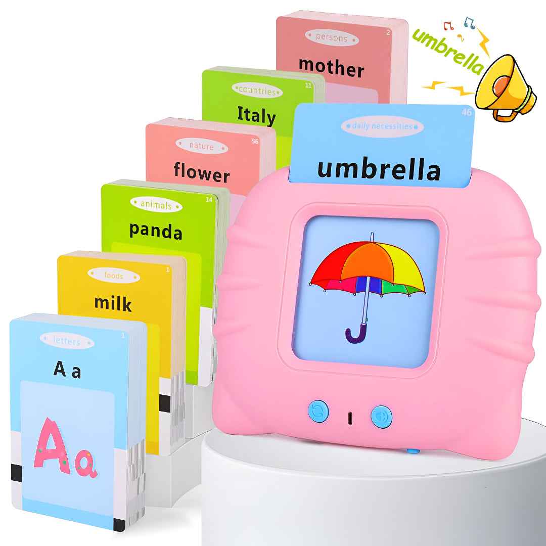 Blue flashcard reader showing umbrella card inserted, vivid color illustrations