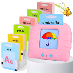 Blue flashcard reader showing umbrella card inserted, vivid color illustrations