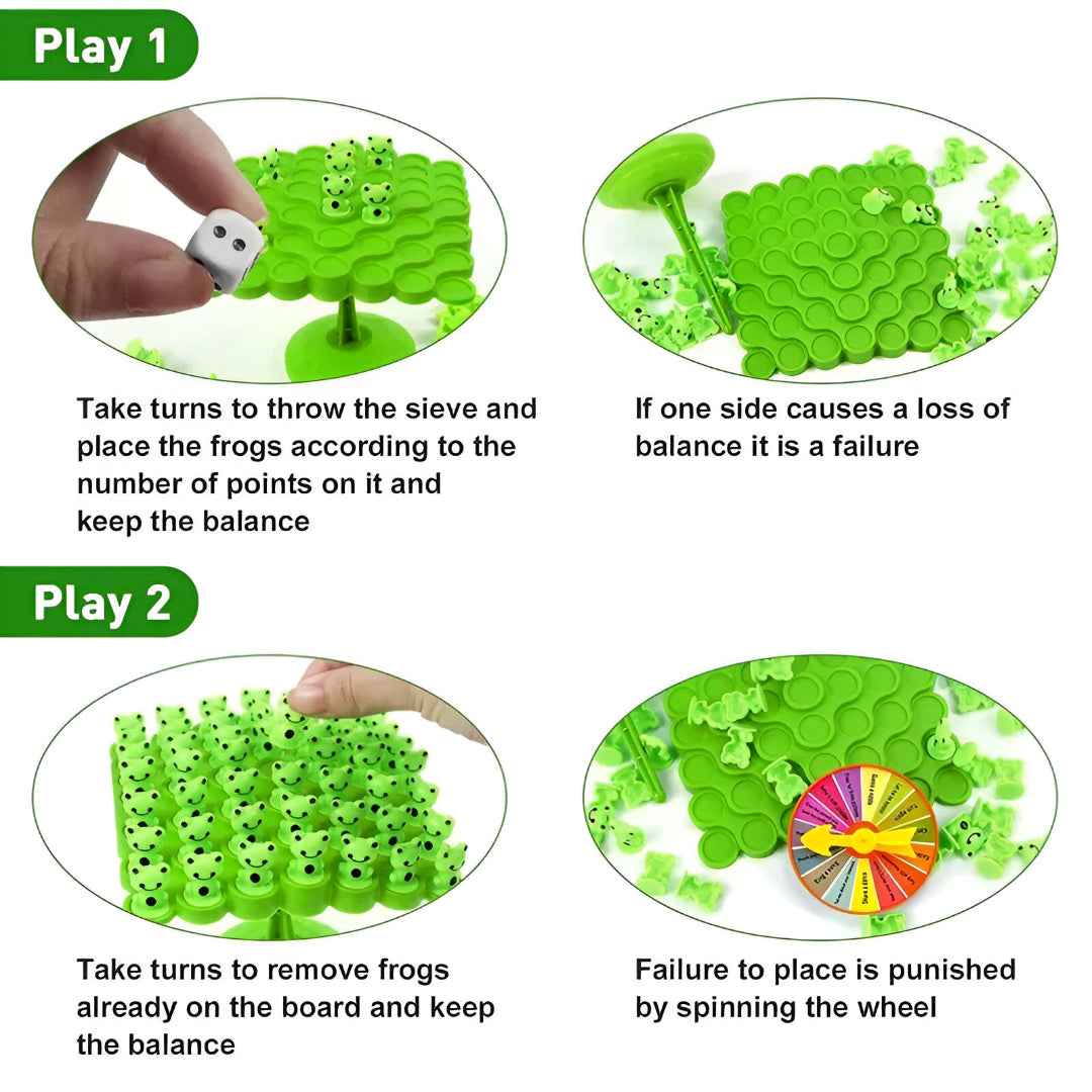 Frog Balance Game — how to play: two modes shown (place frogs by dice or remove frogs by spinner) to keep the board balanced
